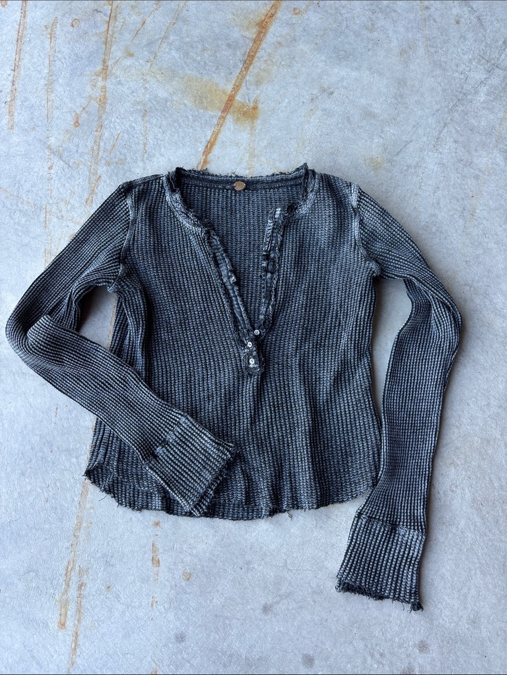 FP One Free People Colt Distressed Thermal Waffle Knit Henley Fairy Grunge